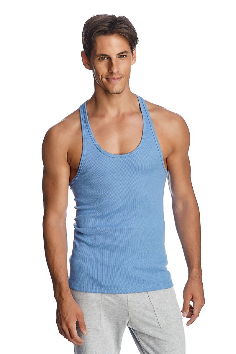 Light blue ribbed cotton racer-back yoga tank top with thin straps and a classic scoop neckline