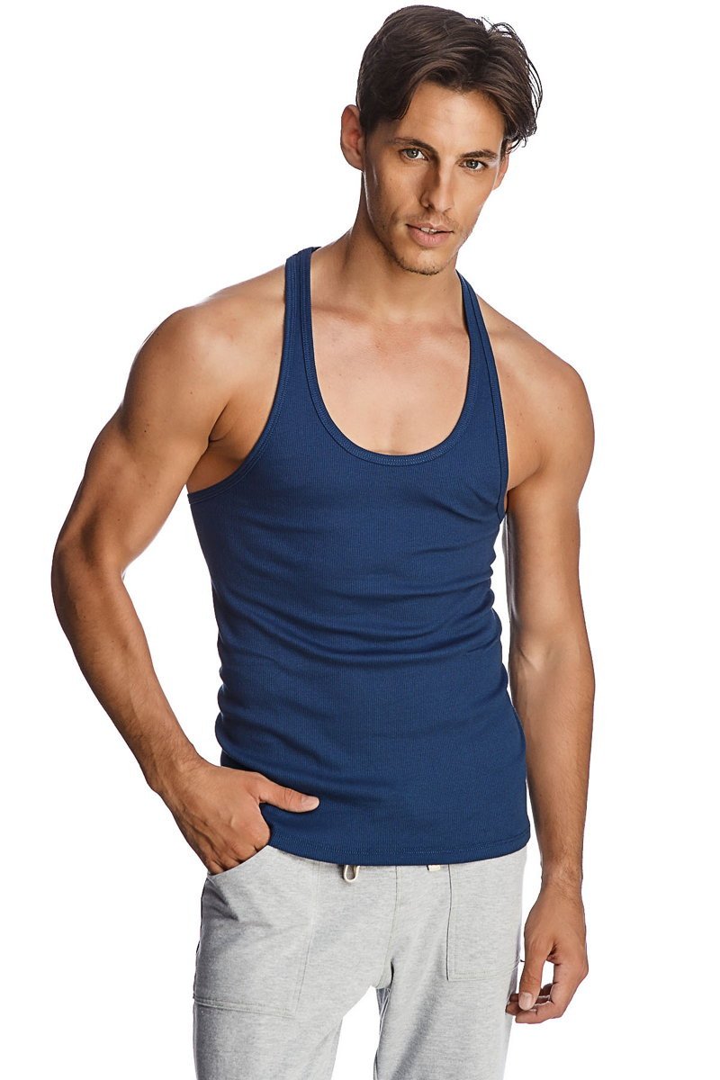 A navy blue fitted racerback yoga tank top with ribbed trim and rounded neckline for active wear