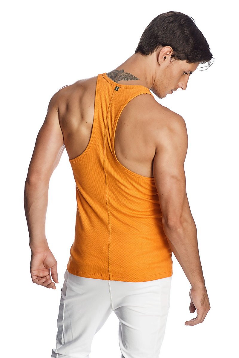 Back view of a sun orange racer-back yoga tank with a small black logo near the neckline