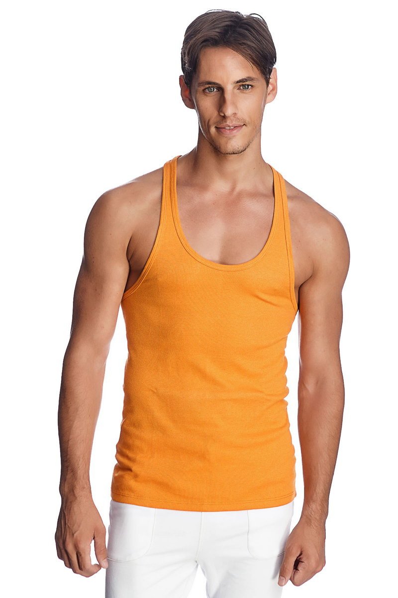 Orange ribbed racer-back yoga tank top in breathable fabric designed for comfortable activewear use