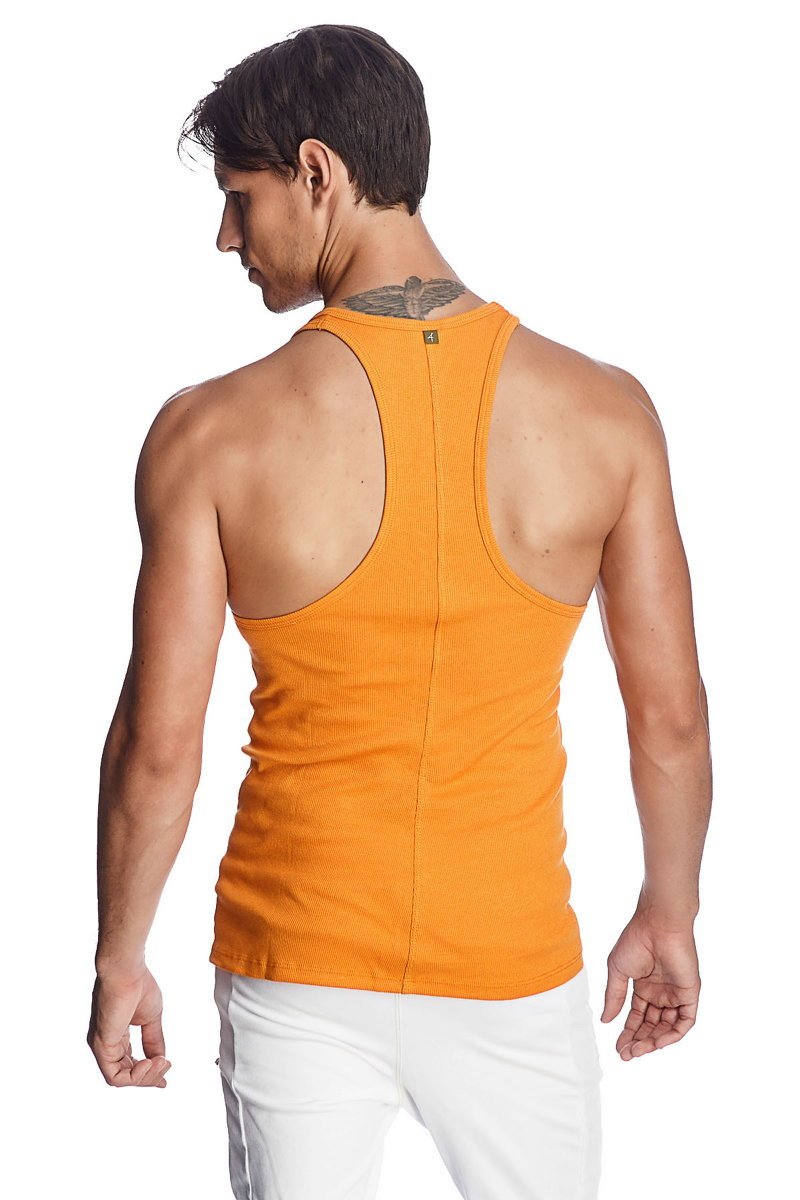 Orange ribbed racerback yoga tank top showing back side with breathable fabric for active wear