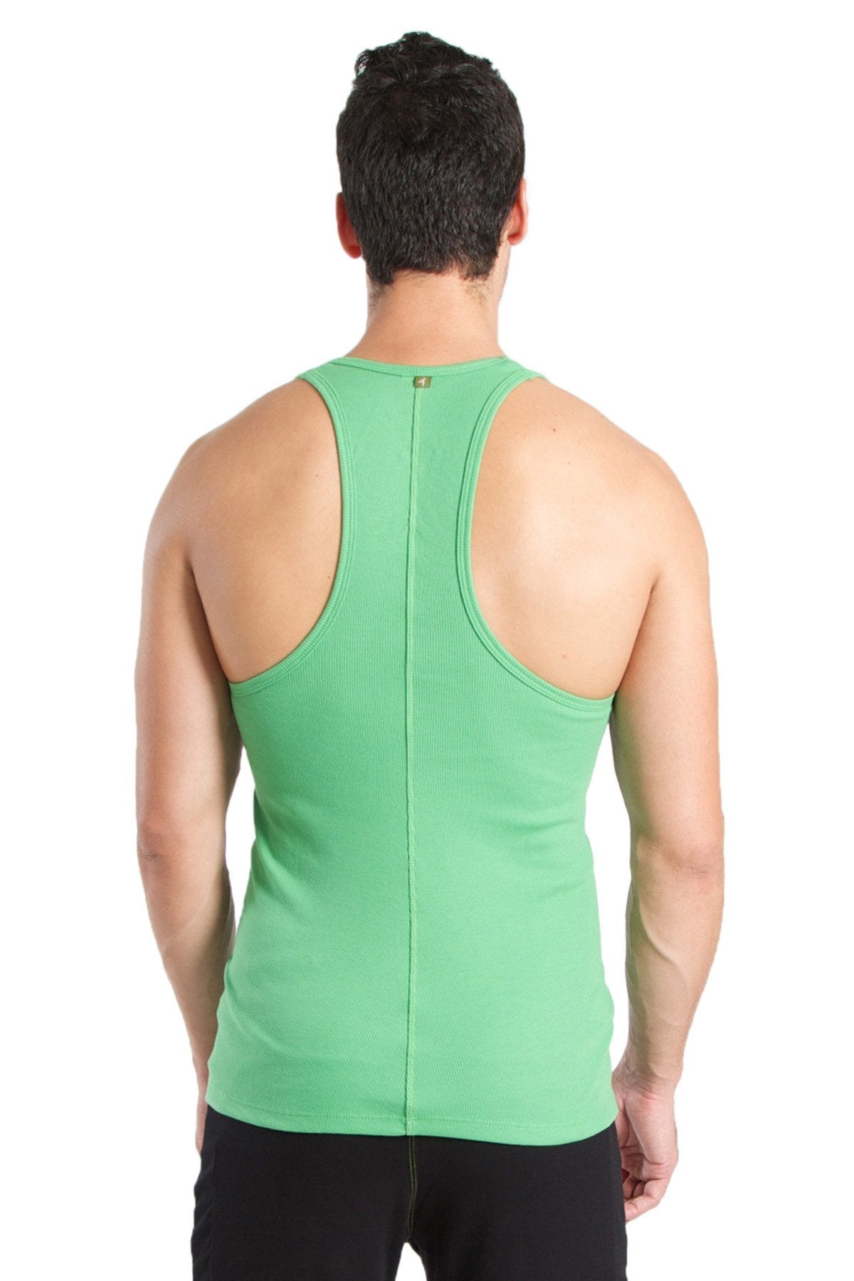 Back view of a bamboo green ribbed racerback yoga tank top with central zipper and subtle logo at the neckline