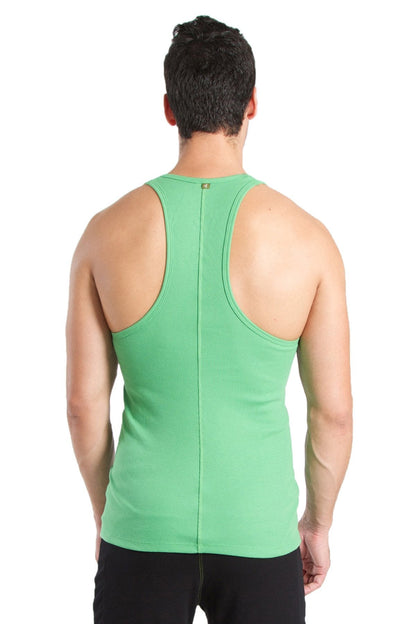 Back view of a bamboo green ribbed racerback yoga tank top with central zipper and subtle logo at the neckline