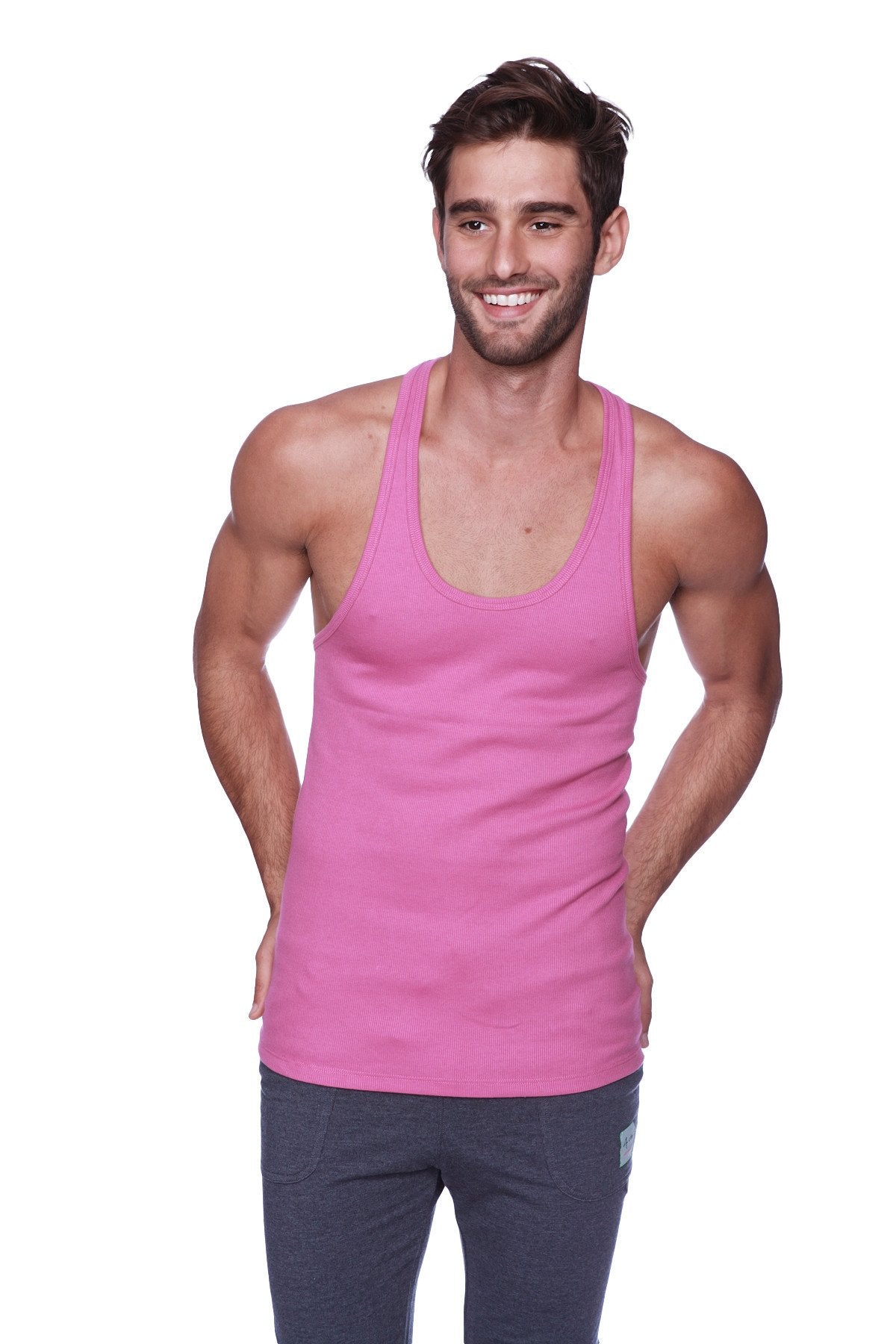 A vibrant berry racerback yoga tank top with a scoop neckline made of soft breathable fabric