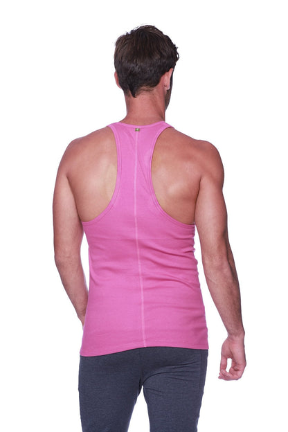 A vibrant pink form-fitting racerback yoga tank top with a subtle vertical seam down the center