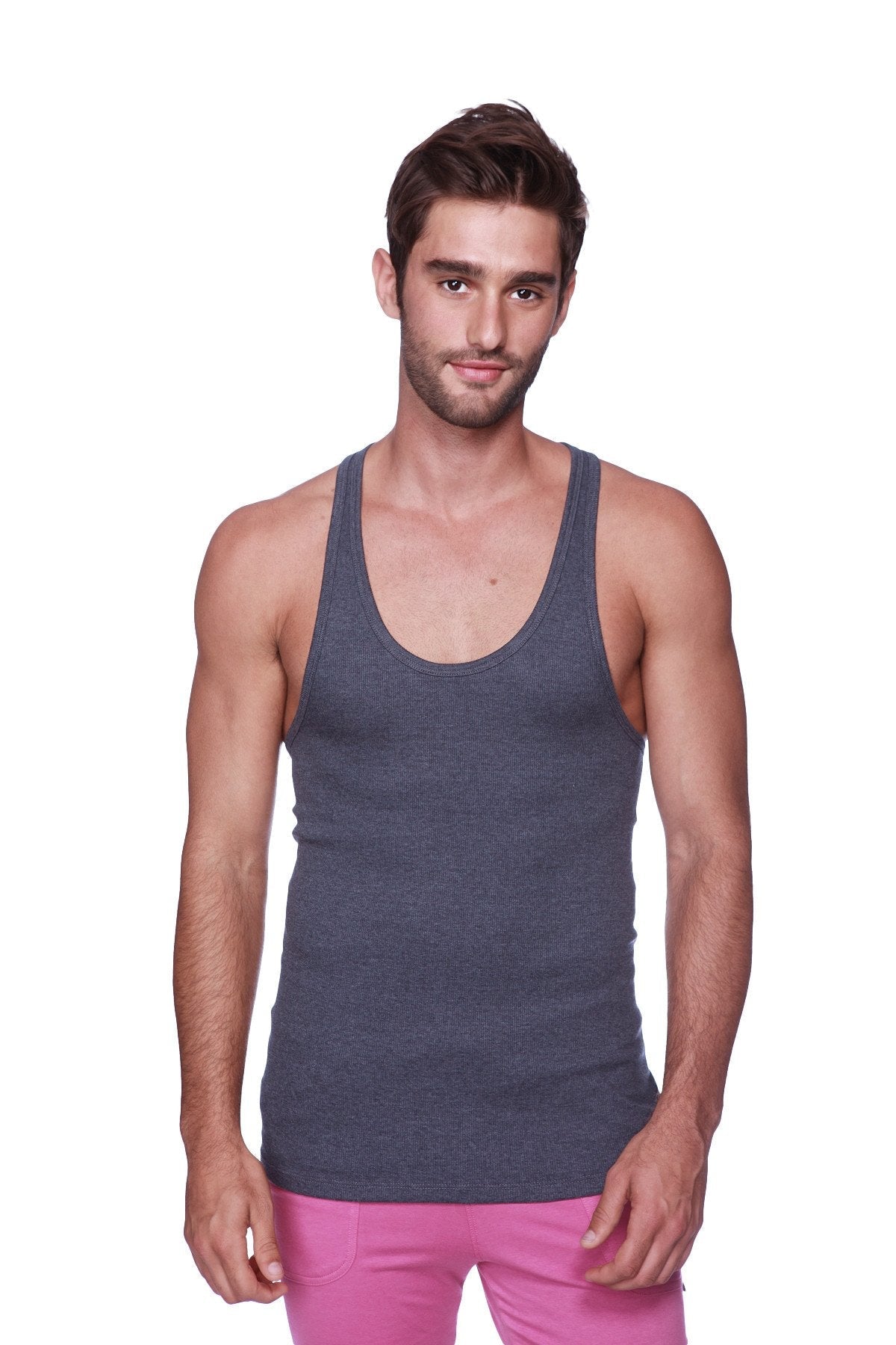 Dark gray heathered racerback yoga tank top with classic scoop neckline and thin shoulder straps in charcoal