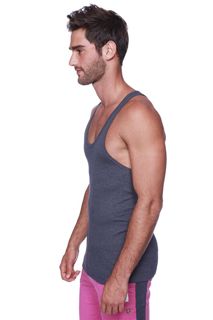 A dark gray fitted racerback yoga tank top with a subtle textured weave shown from the back side