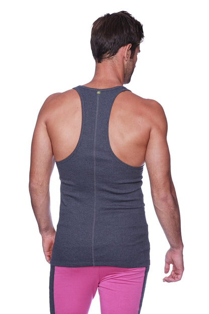 Dark gray textured racerback yoga tank top with a subtle center seam designed for comfortable workouts
