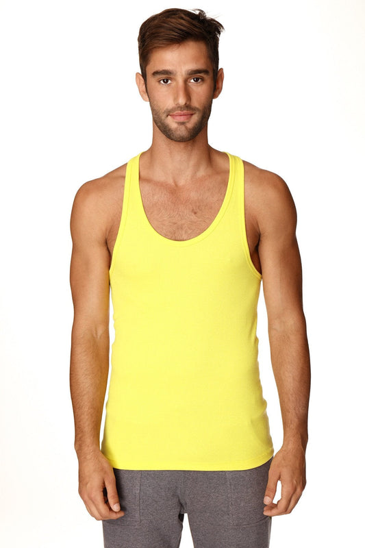 Bright yellow racerback yoga tank top with a simple fitted design ideal for activewear and workouts