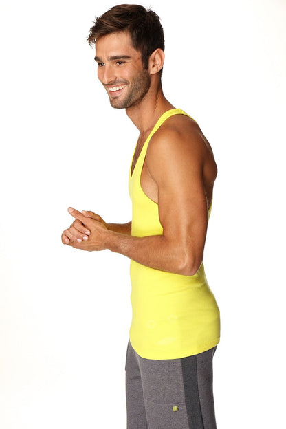 Bright yellow racerback yoga tank top with sleeveless fitted athletic cut for active wear