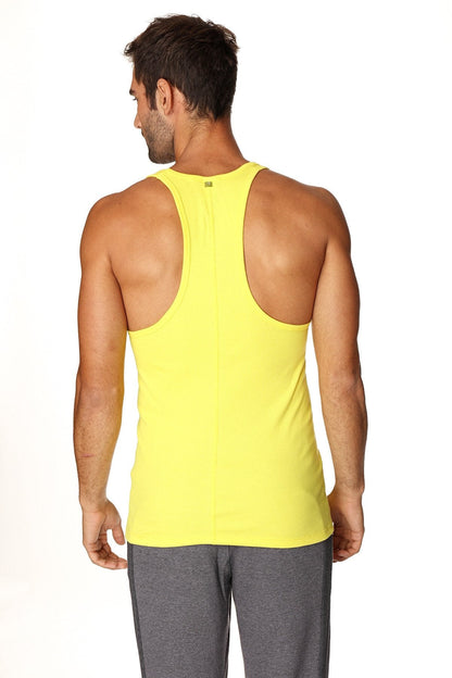 Bright yellow racerback yoga tank top with sleek form-fitting design ideal for active wear