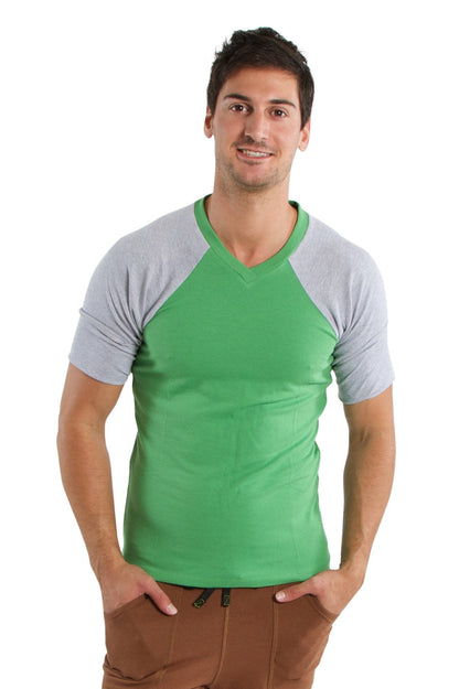 Raglan virtual crew neck t-shirt with bamboo green and grey raglan v-neck sleeves made from soft breathable fabric