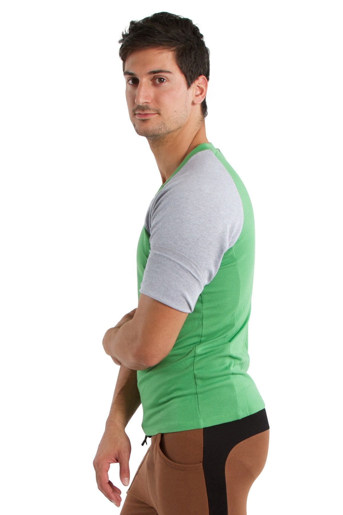 Raglan virtual crew neck t-shirt with green bamboo fabric and gray raglan sleeves for comfortable casual wear