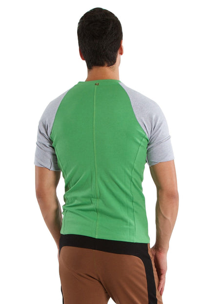 Green and gray bamboo green raglan virtual crew neck athletic shirt with black waistband for activewear use