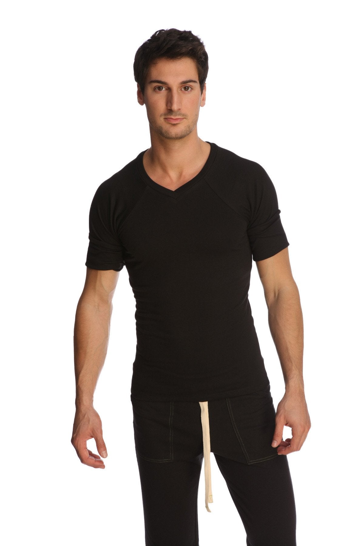 Black raglan virtual crew neck short-sleeved t-shirt with v-neck made from soft breathable fabric
