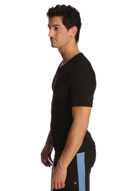 Black raglan virtual crew neck shirt with short sleeves and sleek form-fitting design visible from the front