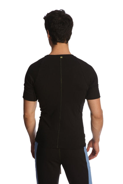 Back view of black raglan virtual crew neck short-sleeved athletic shirt with central zipper for active wear