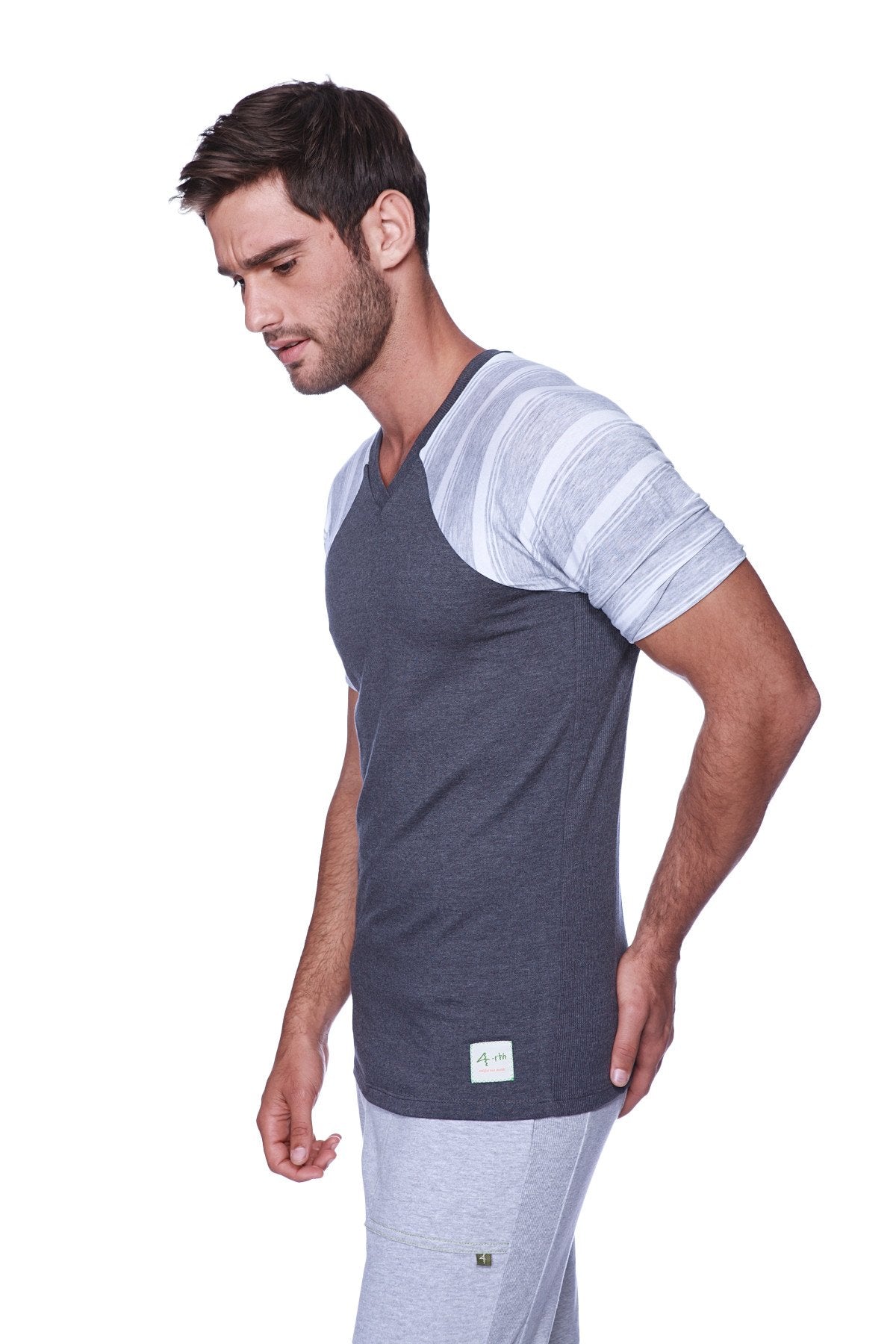 Men’s dark gray and light gray striped raglan virtual crew neck short-sleeve t-shirt with v-neck in charcoal and grey white stripe