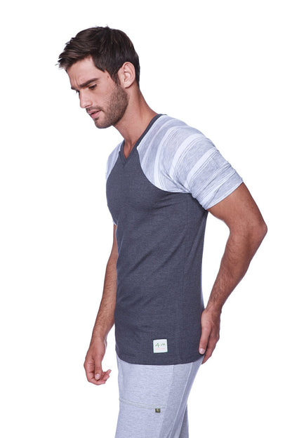 Men’s dark gray and light gray striped raglan virtual crew neck short-sleeve t-shirt with v-neck in charcoal and grey white stripe