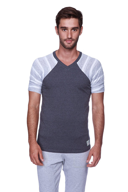Men’s dark gray raglan virtual crew neck t-shirt with light gray and white striped sleeves in charcoal color