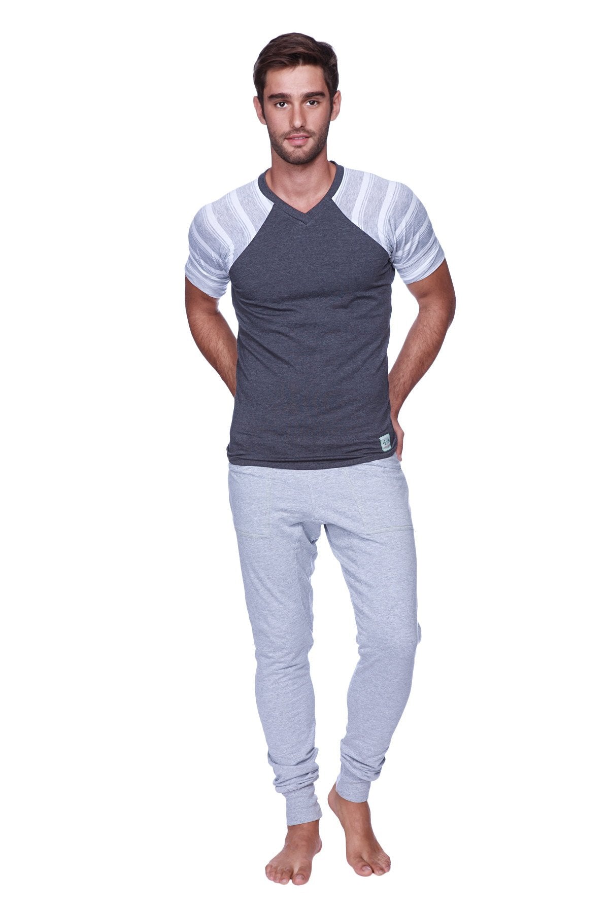Men’s raglan virtual crew neck t-shirt with gray white stripes and charcoal sleeves in cotton blend fabric