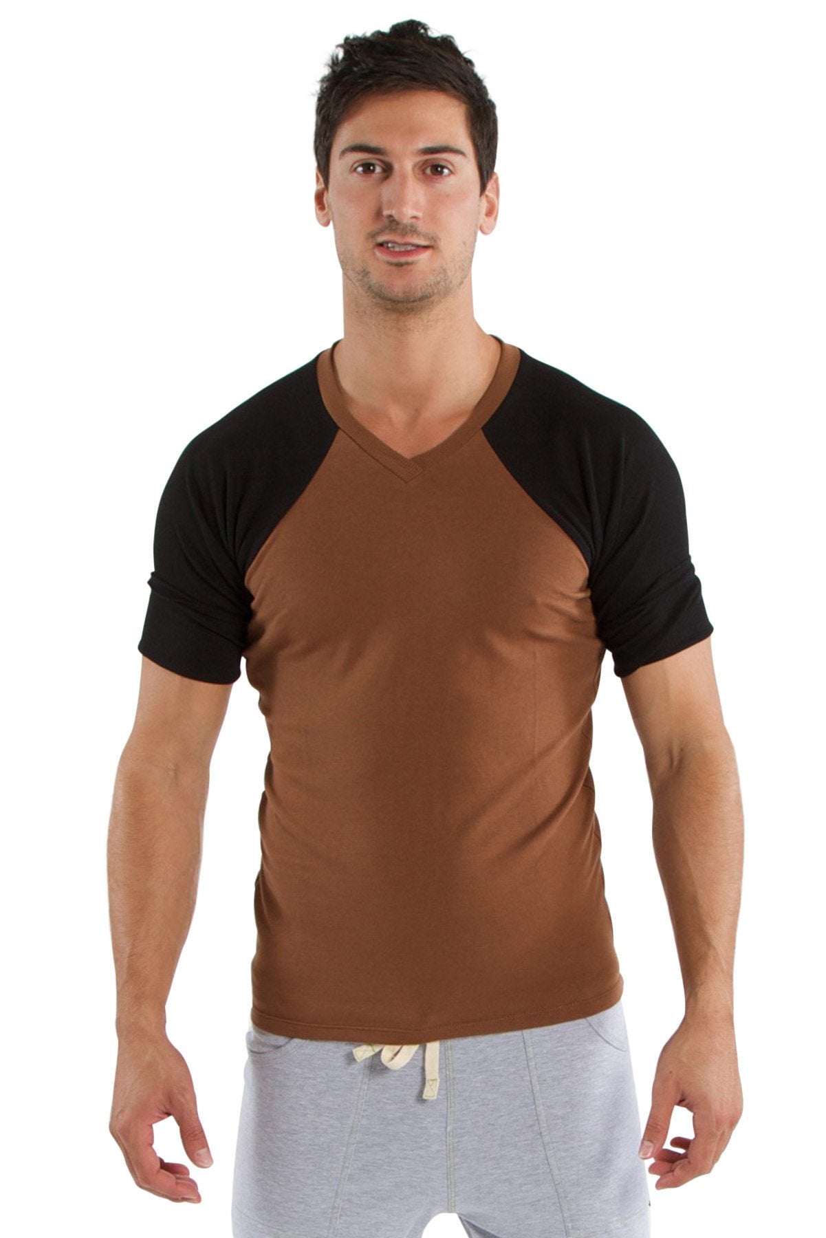 Brown and black raglan sleeve v-neck t-shirt made from soft fabric ideal for casual wear