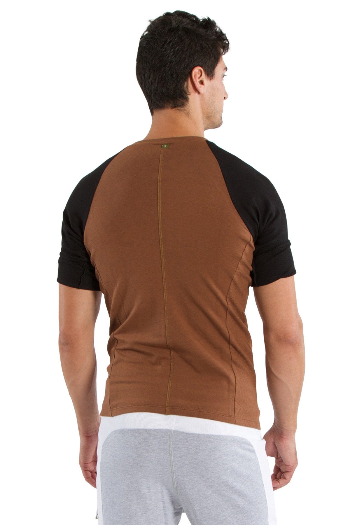 Back view of brown and black raglan sleeve athletic tee with fitted back design chocolate virtual crew neck