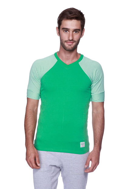 Green v-neck raglan t-shirt with light green and white striped sleeves ideal for casual wear