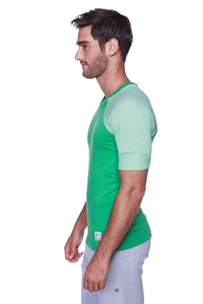 Green raglan virtual crew neck baseball-style t-shirt with light green and white striped sleeves for casual wear