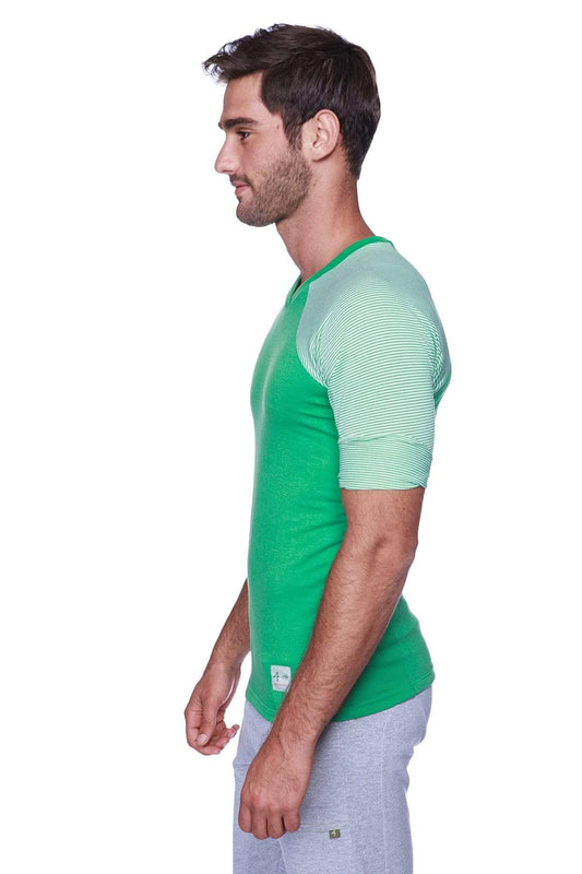 Green raglan virtual crew neck baseball-style t-shirt with light green and white striped sleeves for casual wear