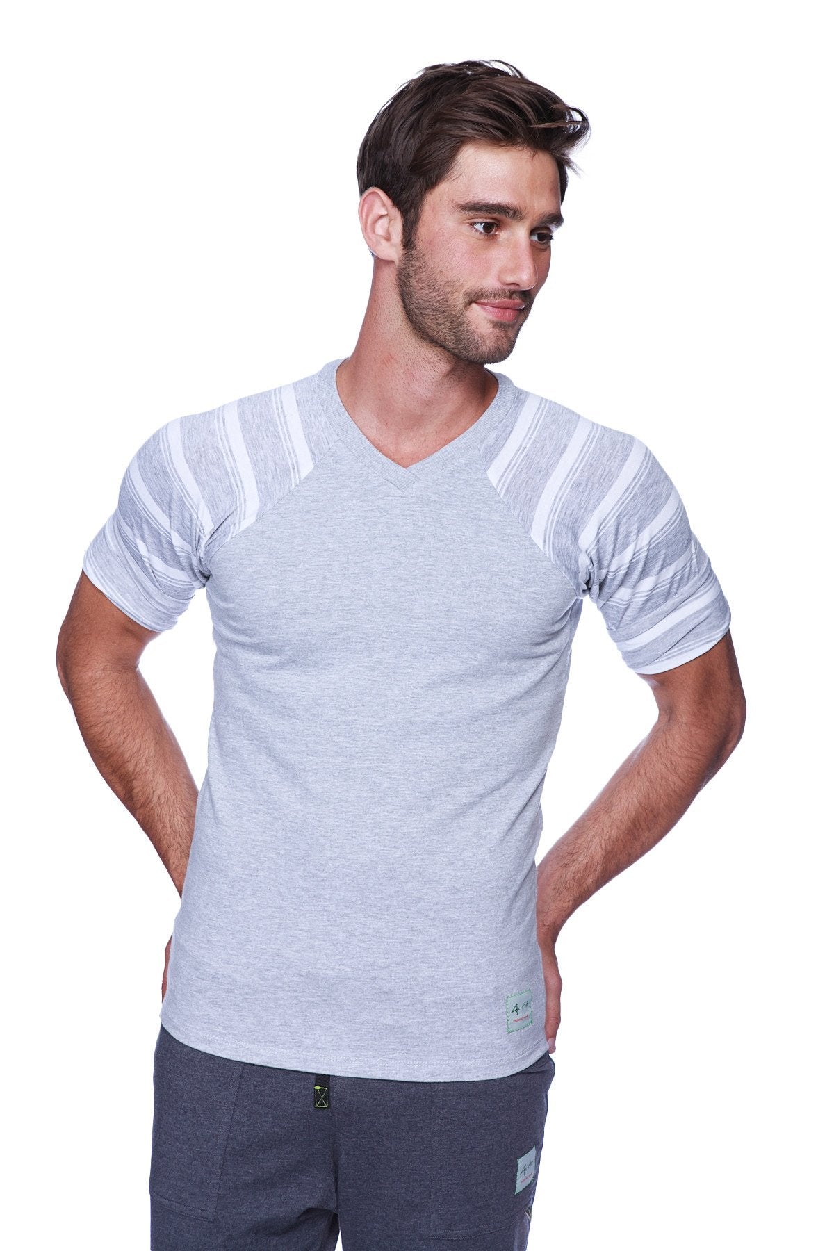 Light gray heathered raglan crew neck t-shirt with white striped sleeves and shoulder panels in grey and white