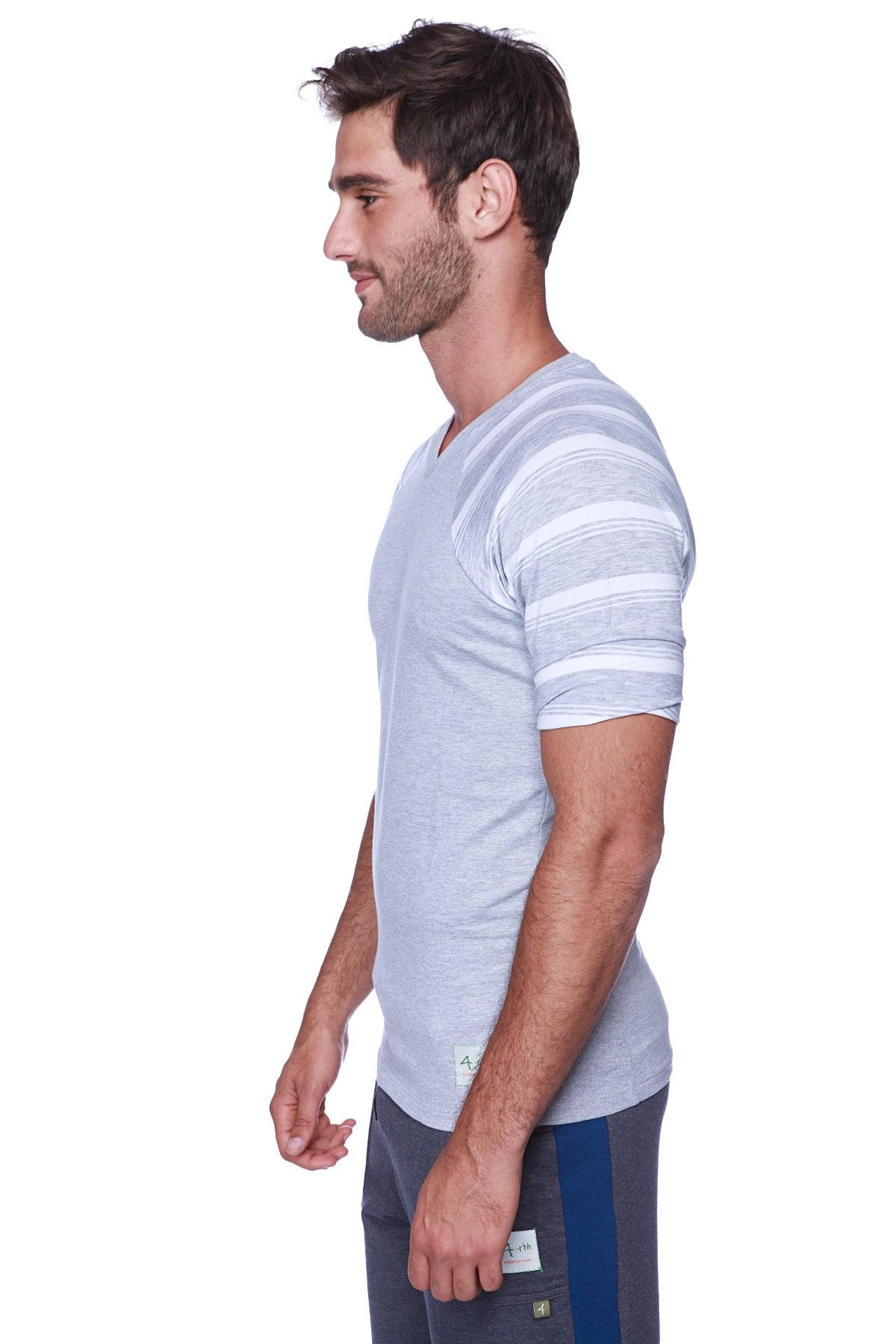 Light gray raglan virtual crew neck t-shirt with horizontal white stripes on the sleeves for casual wear