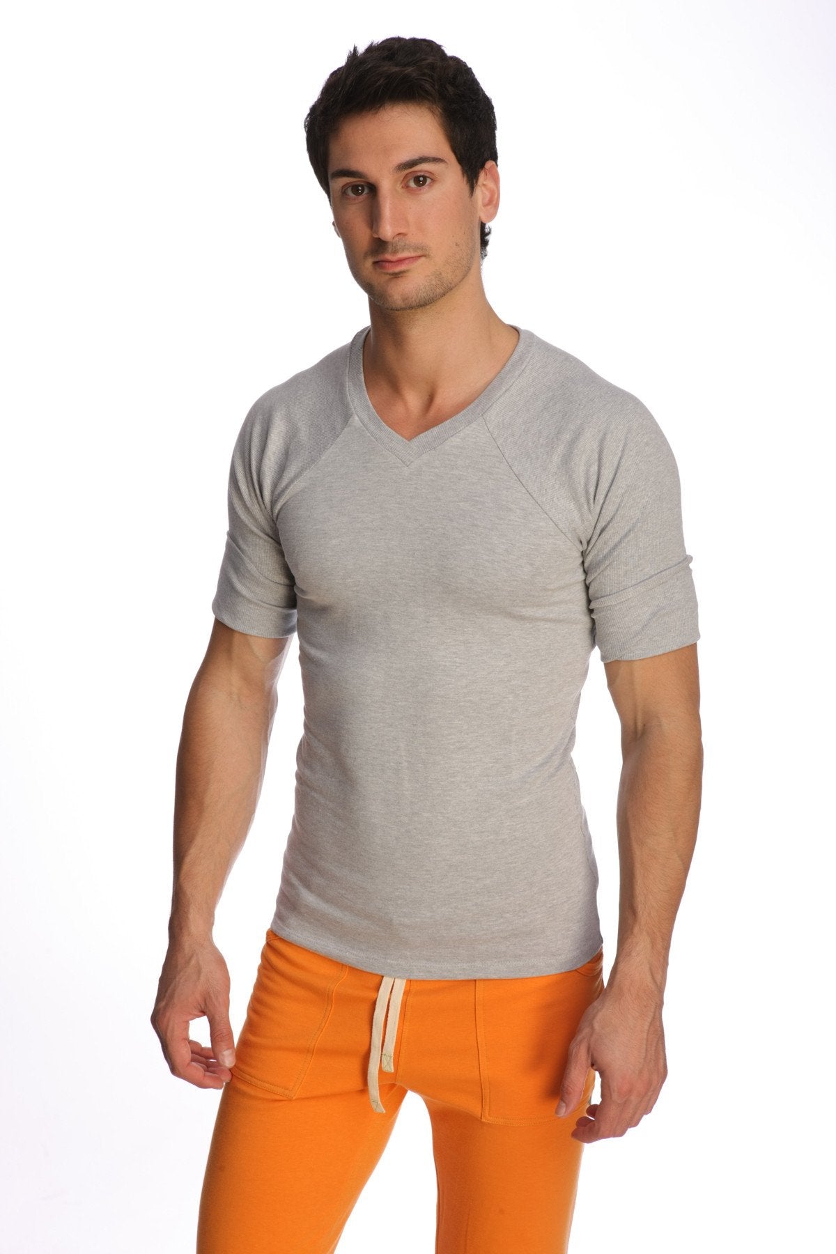 A slim-fit heather grey raglan virtual crew neck t-shirt with short sleeves and subtle ribbed detailing on the sleeves