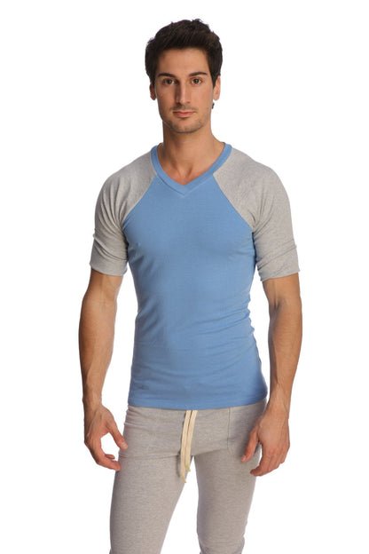 Light blue and gray raglan sleeves v neck t shirt made of soft breathable fabric ideal for casual wear