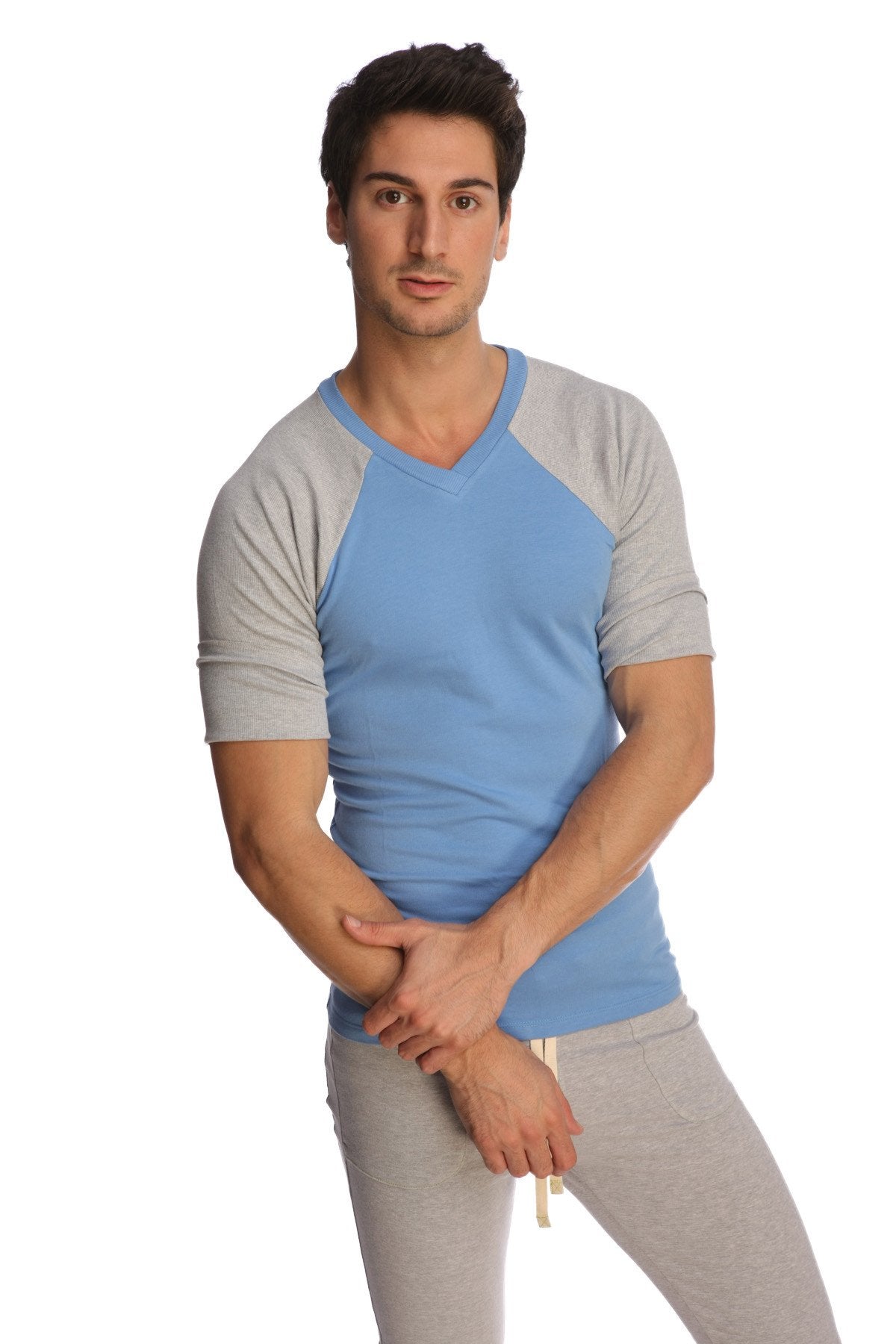 Light blue and gray raglan sleeve v-neck t-shirt made from soft fabric perfect for casual wear