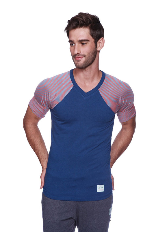 Blue and pink raglan sleeve v neck t shirt with ribbed shoulder texture in royal blue with red and grey stripe