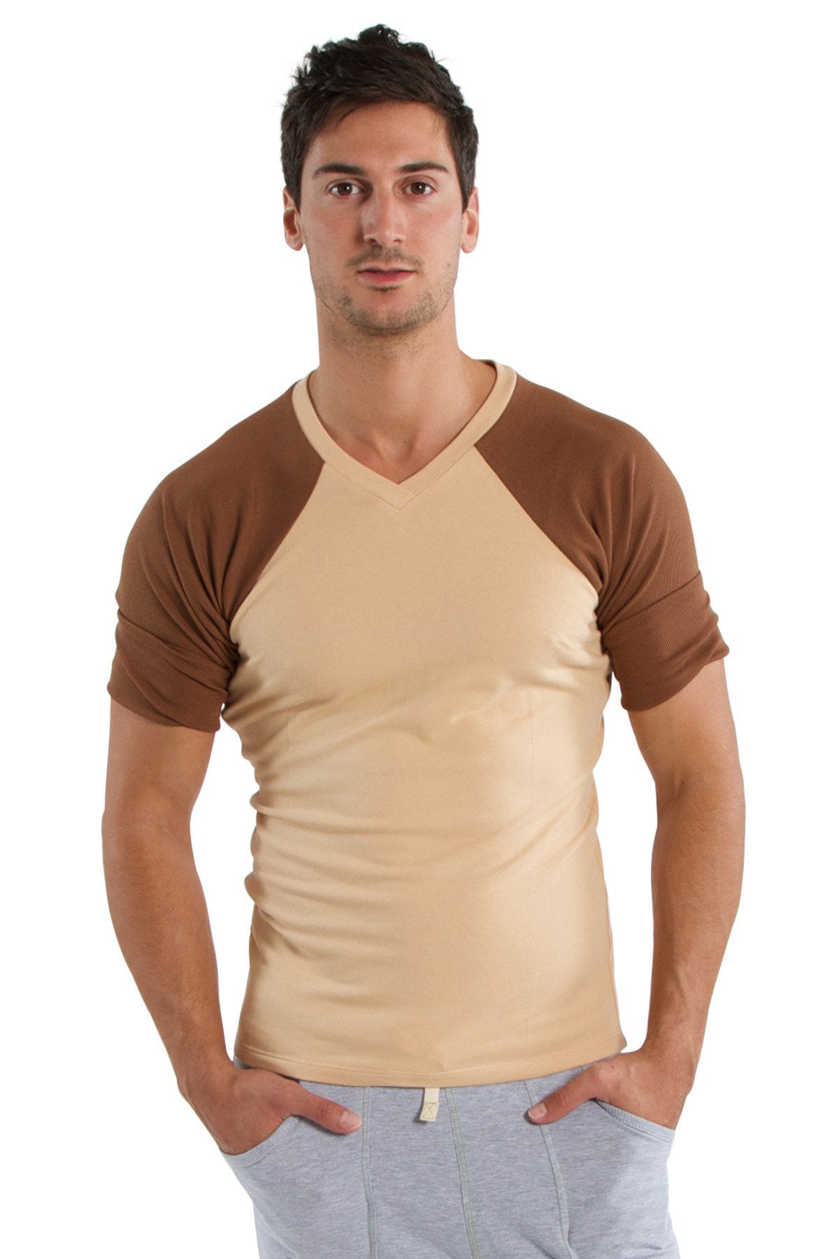 Beige and brown raglan sleeve v neck t shirt in sand with chocolate colors for casual wear