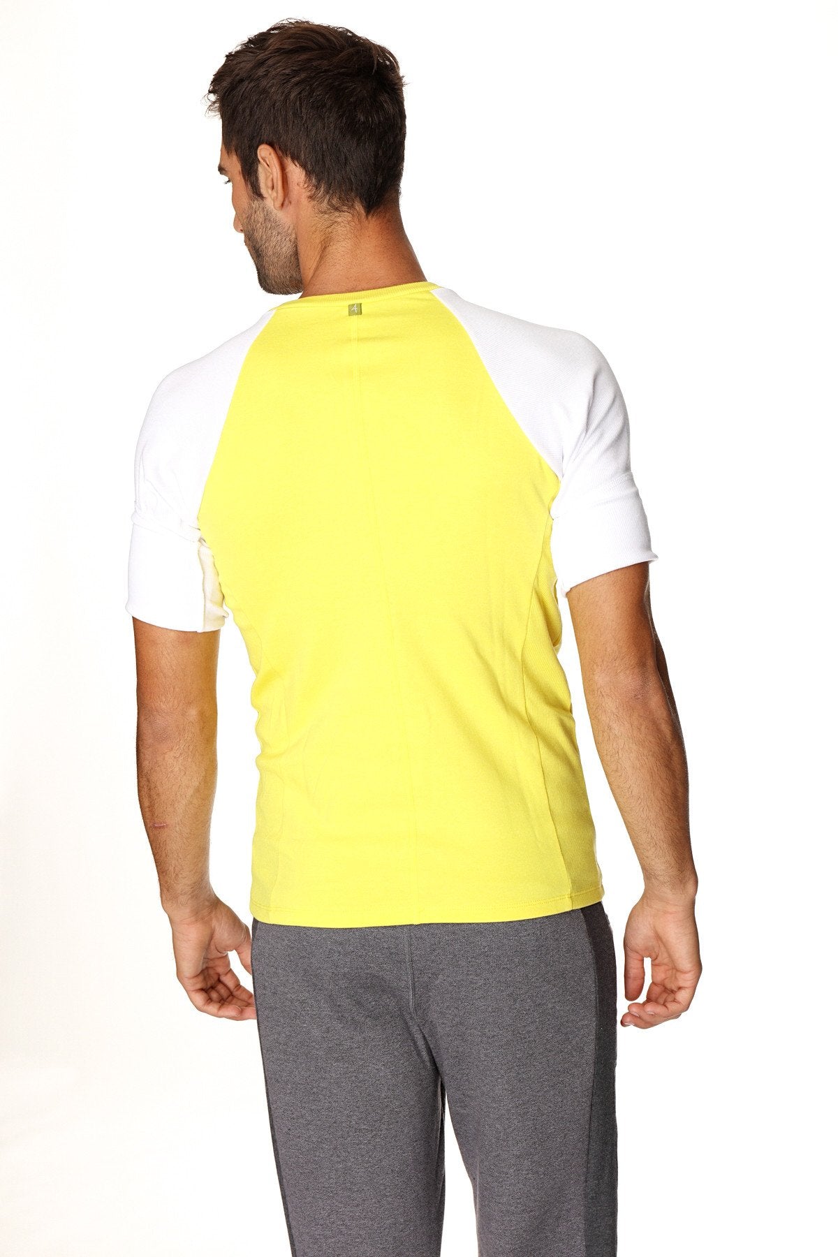 Bright yellow and white raglan virtual crew neck athletic t-shirt with contrast sleeves for active wear