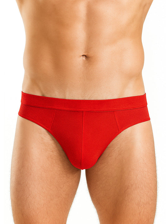 Red relax jockstrap briefs in red textured fabric with a ribbed waistband for comfortable support
