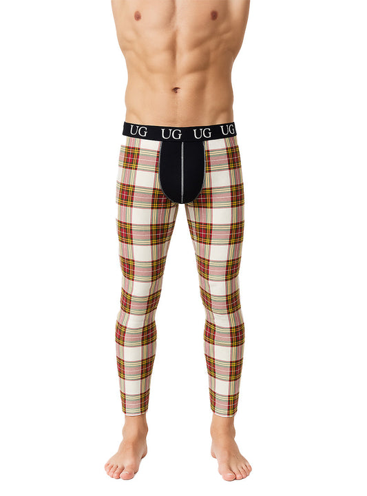 Ug brand men’s plaid patterned compression tights with black waistband and central panel in relax contrast leggings design