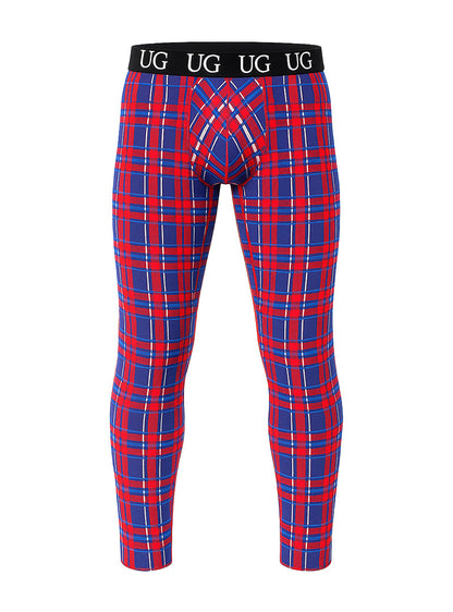 Relax leggings with red and blue plaid pattern and black waistband featuring the ug logo for comfortable wear