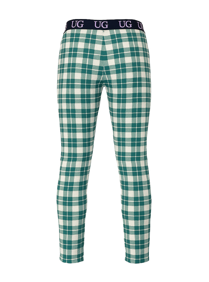 Relax leggings in green and white plaid with a navy blue waistband featuring the ug logo for comfortable wear