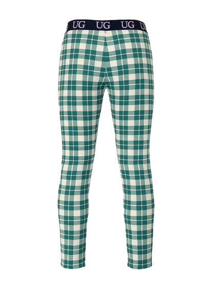 Relax leggings in green and white plaid with a navy blue waistband featuring the ug logo for comfortable wear
