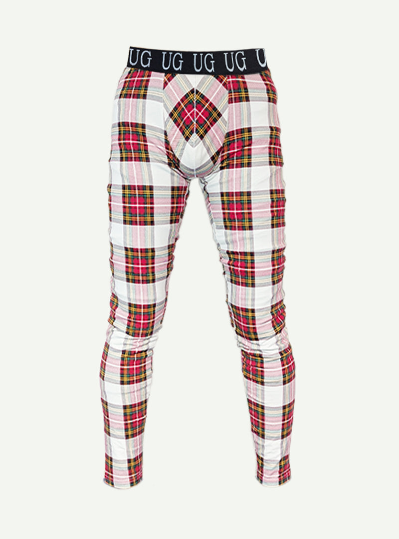 Plaid-patterned ug underwear with black waistband featuring repeating ug branding in relax leggings product line