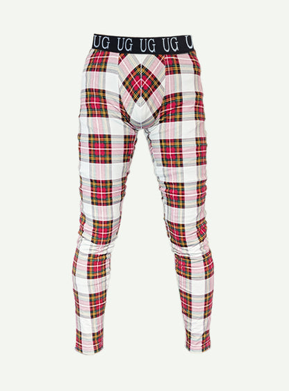 Plaid-patterned ug underwear with black waistband featuring repeating ug branding in relax leggings product line
