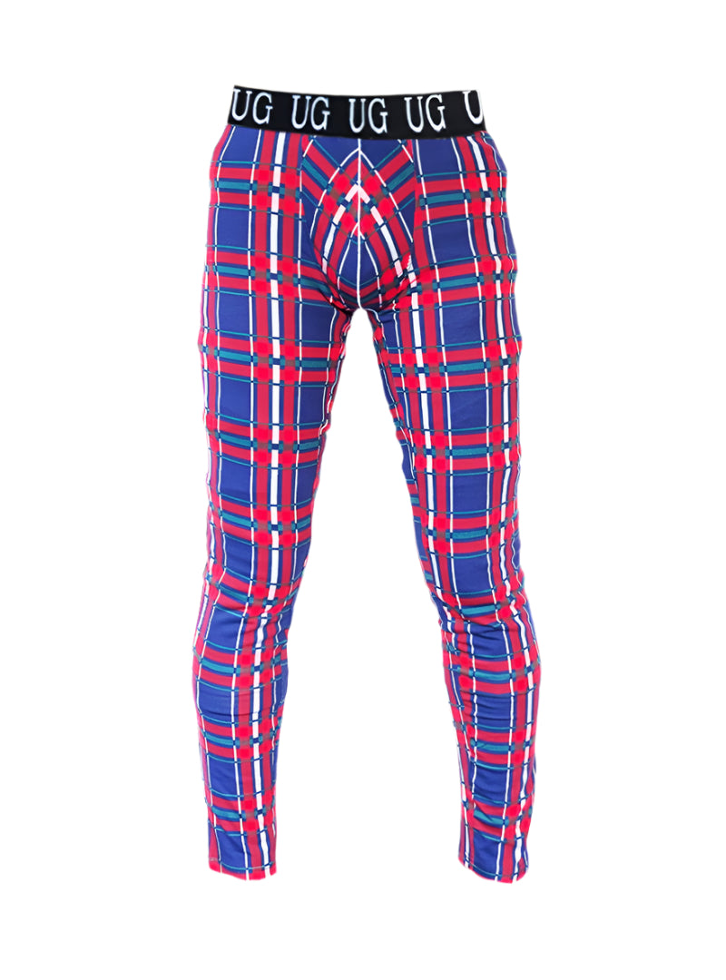 Relax leggings featuring red blue and white plaid patterned underwear with black waistband and brand logo