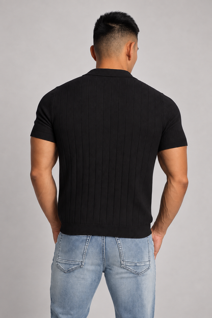 Jed North Men's Rib Knit Collared Polo  - Onyx Black