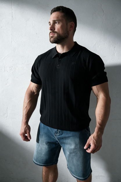 Jed North Men's Rib Knit Collared Polo  - Onyx Black