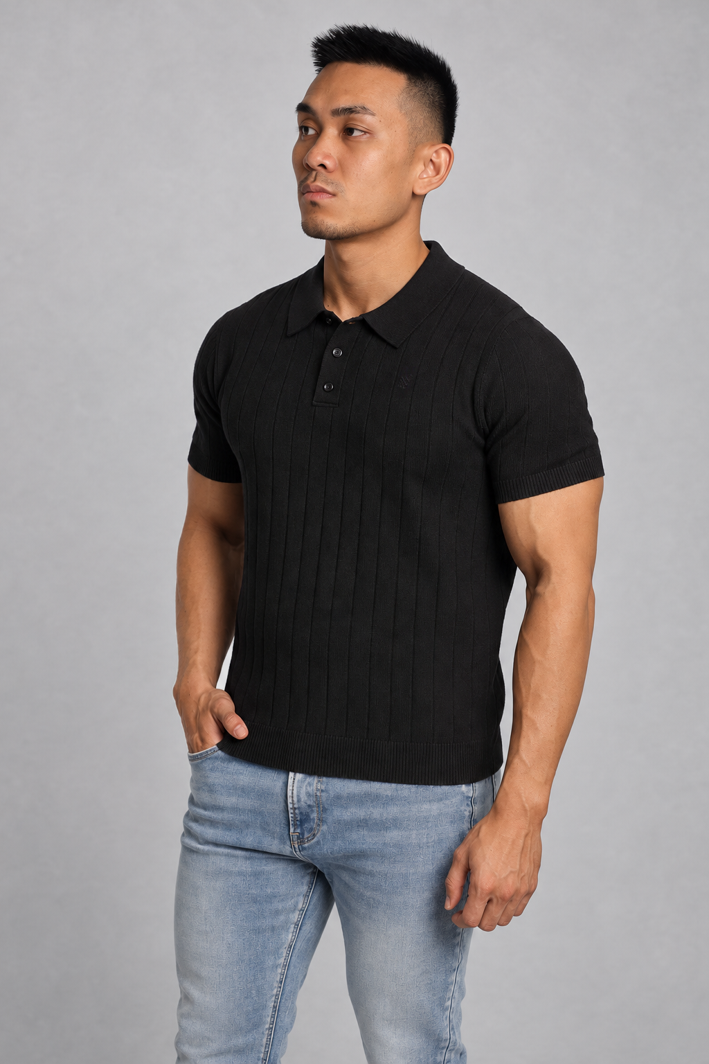 Jed North Men's Rib Knit Collared Polo  - Onyx Black