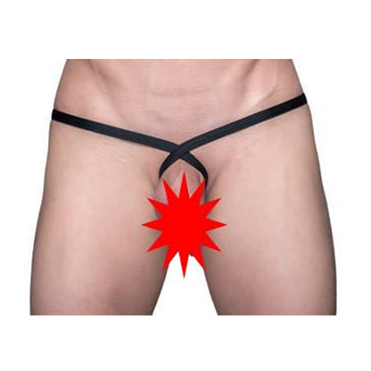 Black satin ring thong with crossed waistband design shown from the back in a thong and sock bundle